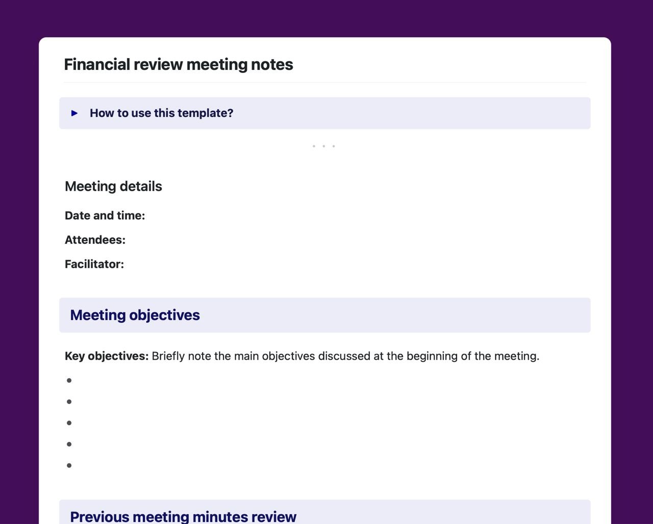 Financial review meeting notes template in Craft.