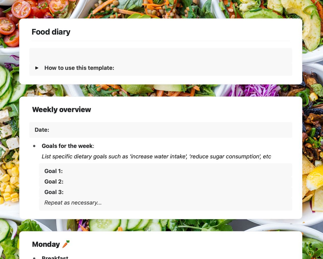 Food diary template in Craft showing instructions and weekly goals section.