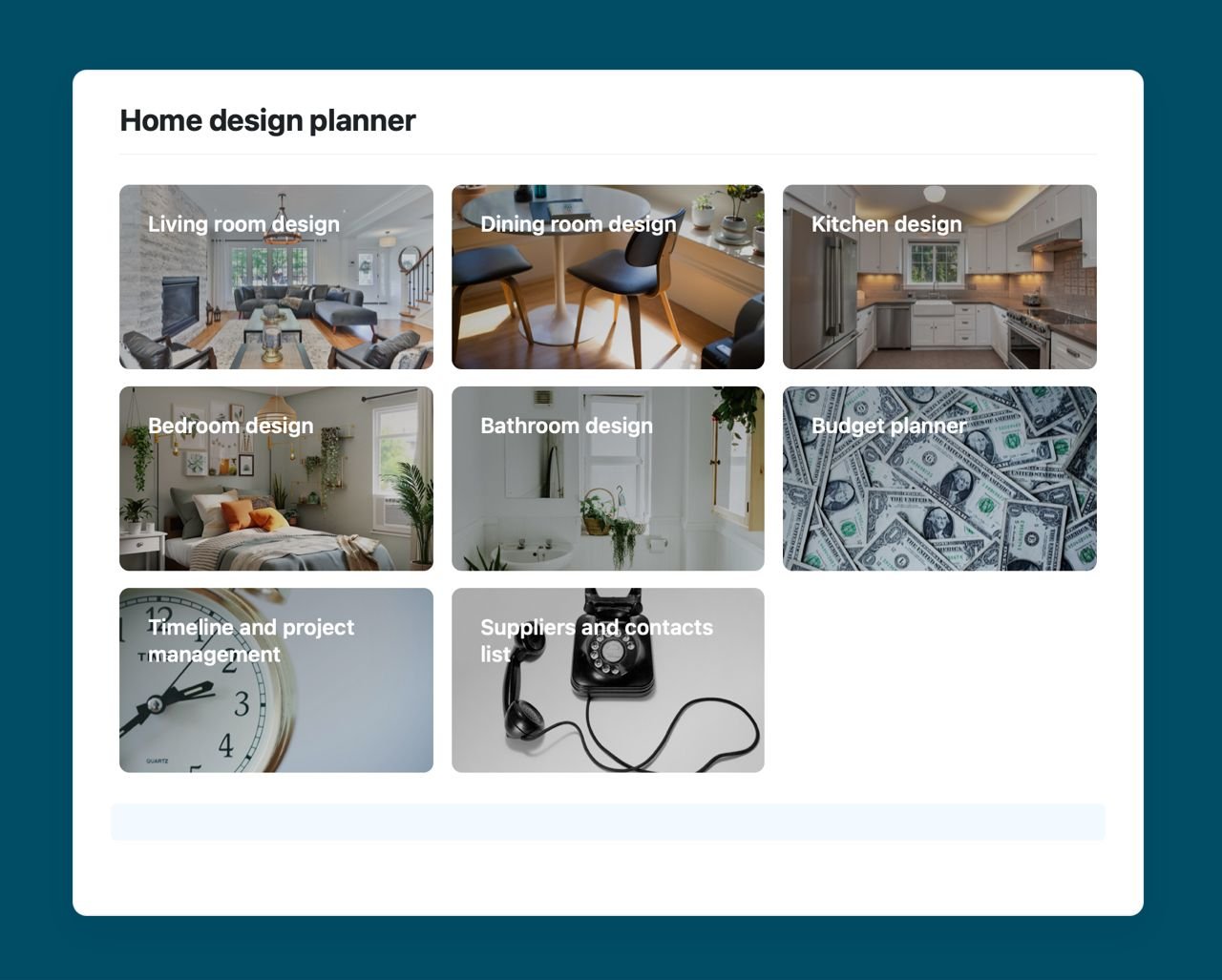 Home design planner template in Craft showing sections.