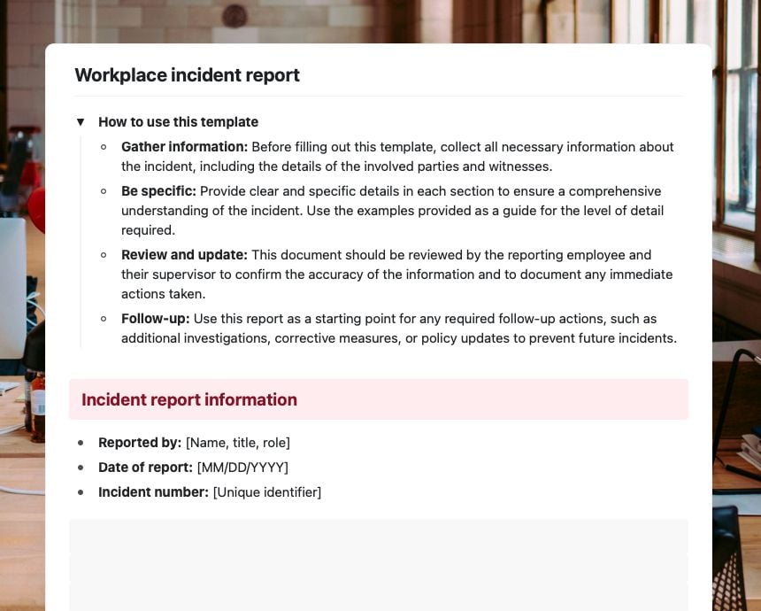 Work place incident report in Craft