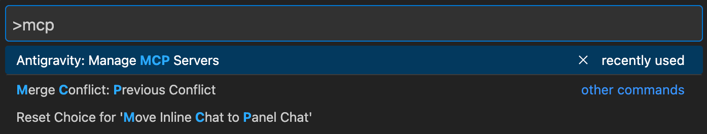 Open Antigravity command palette and search for MCP