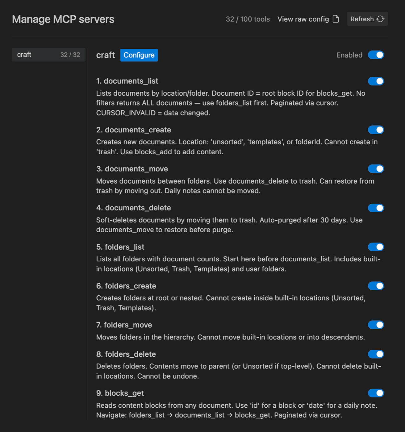 Craft MCP server connected with tools enabled