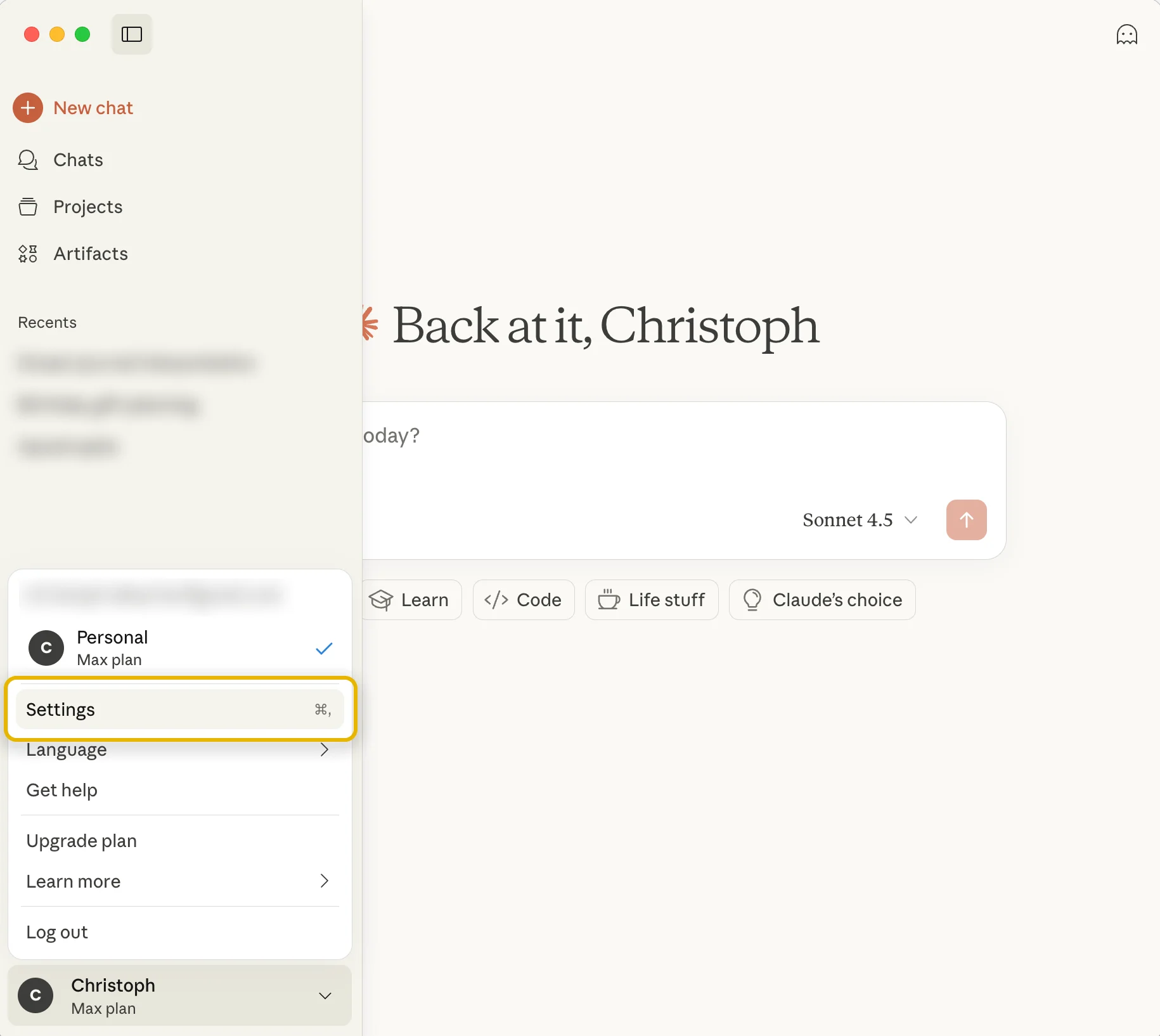 Open Claude’s Settings