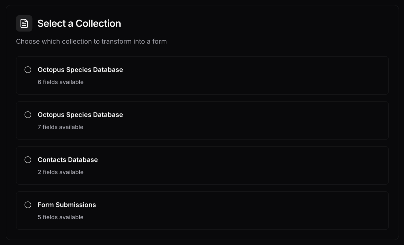 Selecting a Craft Collection to transform into a form