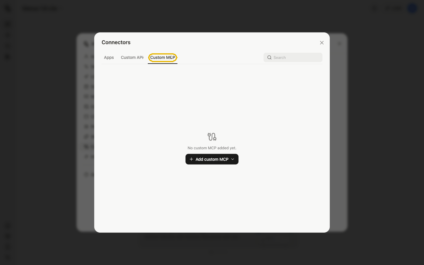 Select Custom MCP tab in Manus Connectors