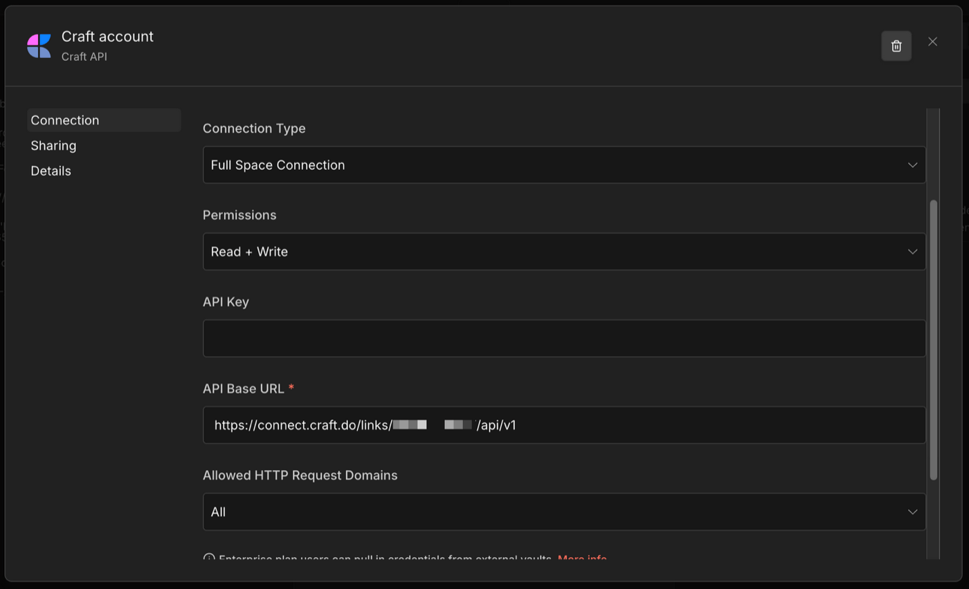 Craft account credential setup in n8n with API Base URL and API Key
