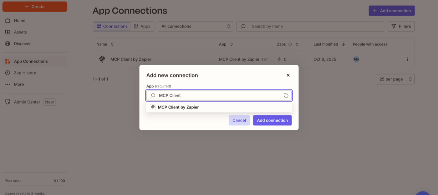 Search for MCP Client by Zapier in App Connections