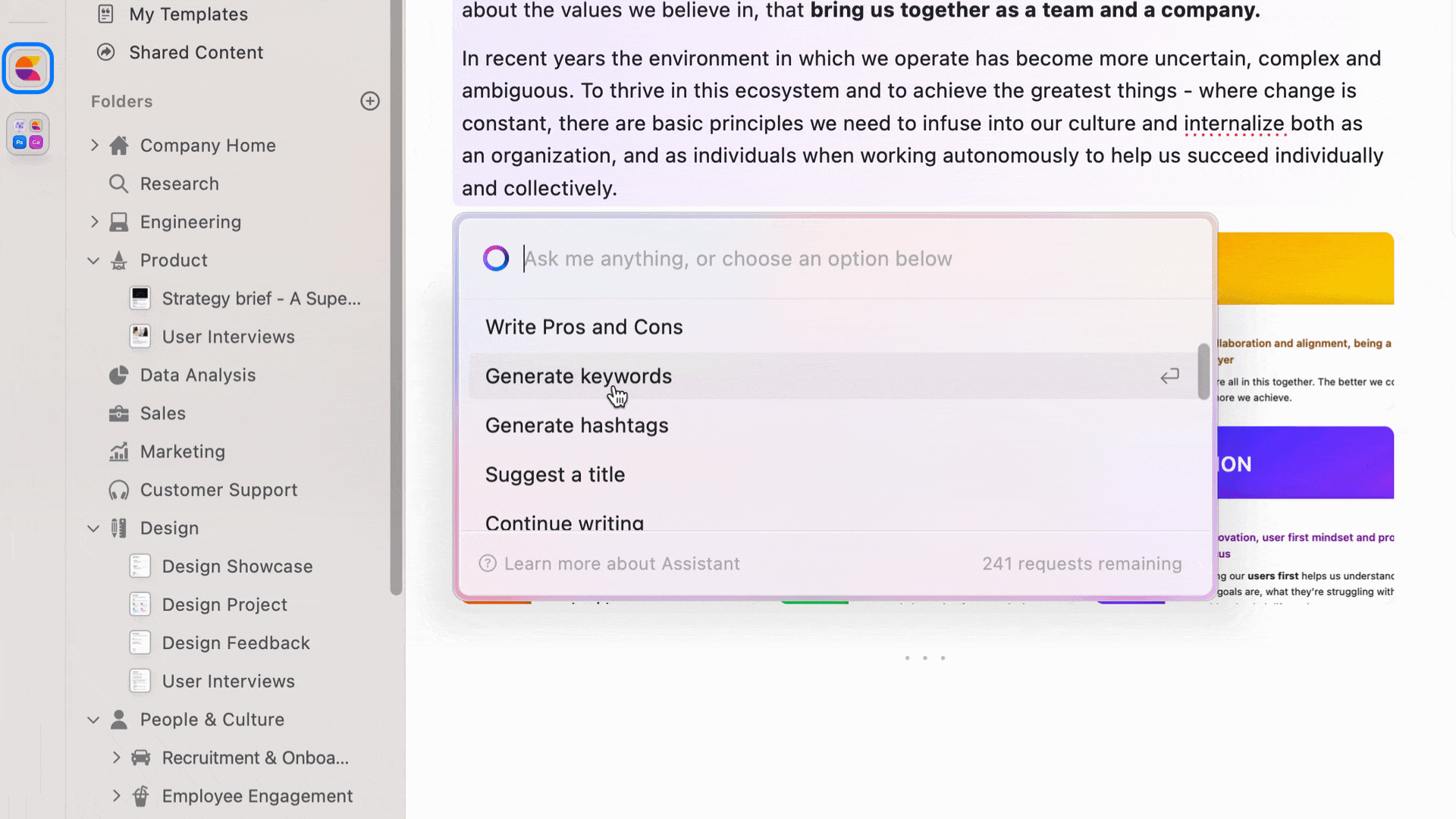 Short clip of asking Craft's AI Assistant questions about your document 